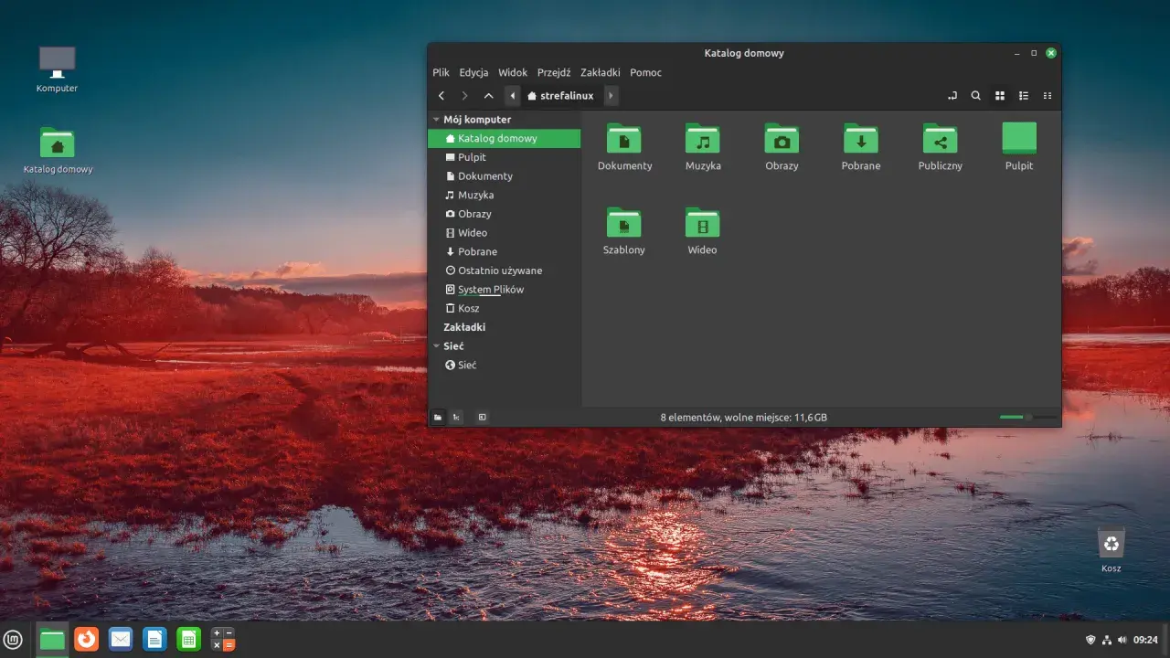 Linux na stary komputer ożywia system. Widok katalogu domowego z ikonami plików i folderów.