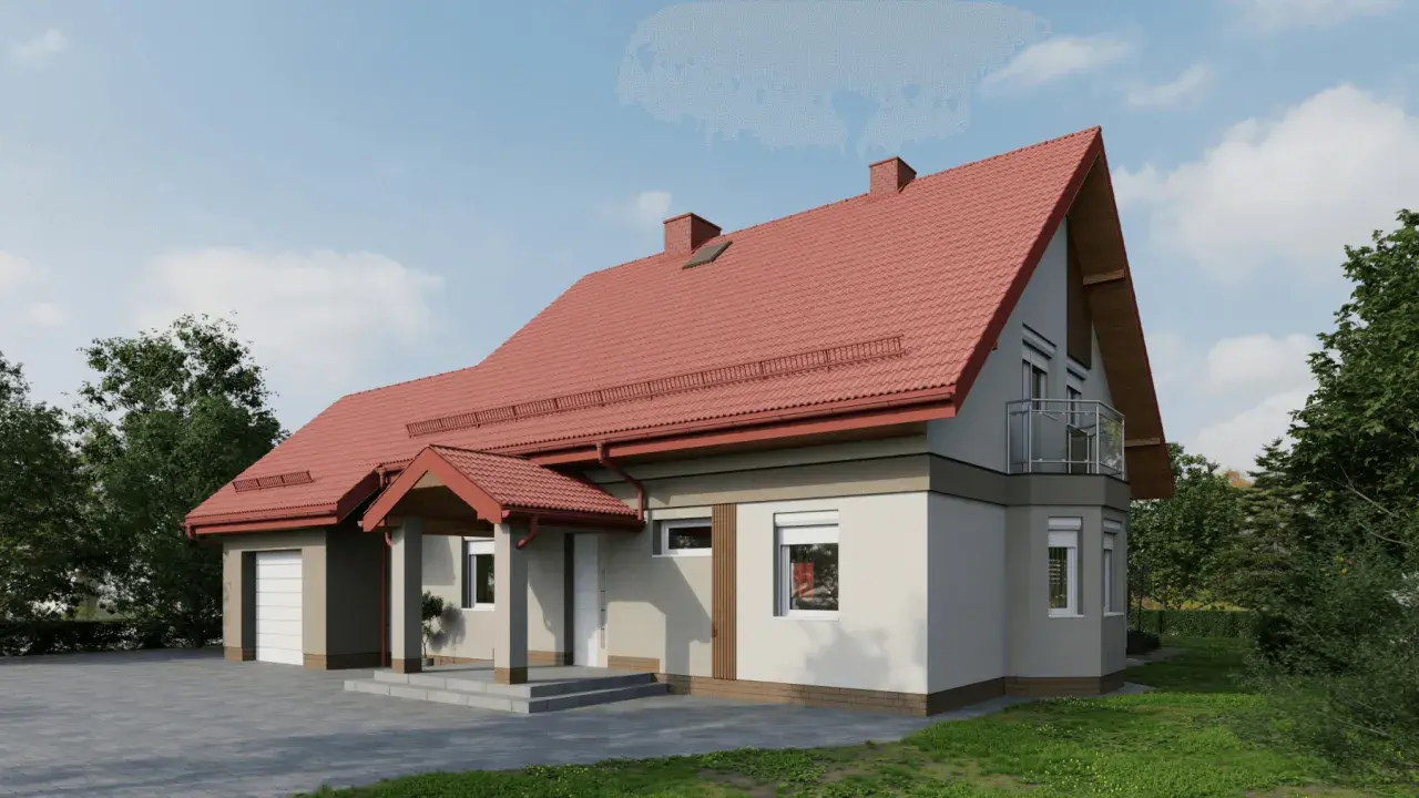 Nowoczesny projekt elewacji domu z czerwonym dachem, garażem i balkonem.