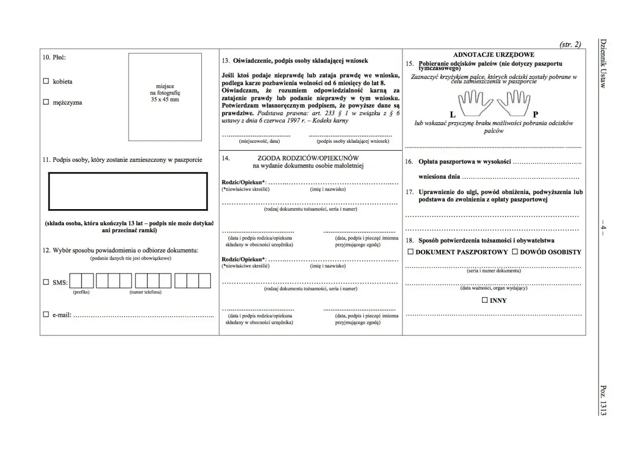 Formularz wniosku o paszport zawiera sekcje dotyczące danych osobowych, zgody rodziców, opłat i sposobu potwierdzenia tożsamości.