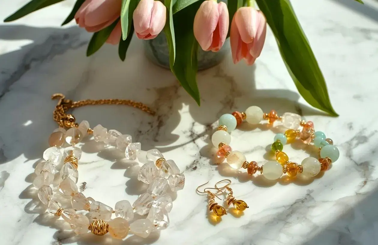 Delikatna biżuteria z kamieni, w tym naszyjnik z przezroczystych kryształów i bransoletka z pastelowych koralików, przywodzi na myśl ciepło kamienia słonecznego.