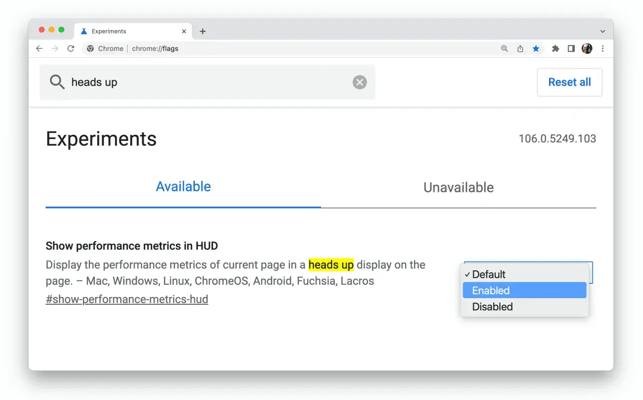 Strona chrome://flags z wyszukaniem "heads up". Opcja "Show performance metrics in HUD" jest włączona.