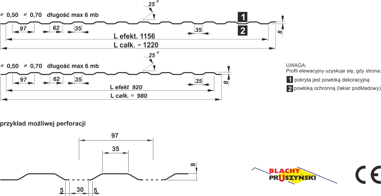 Schemat blachy trapezowej z wymiarami: szerokość 97, 62, 35 mm, grubość 0,50-0,70 mm, długość max 6 mb.
