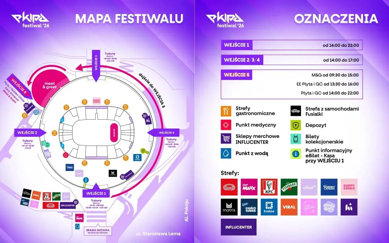 Mapa festiwalu z oznaczeniami wejść, stref gastronomicznych, punktów medycznych i innych udogodnień.