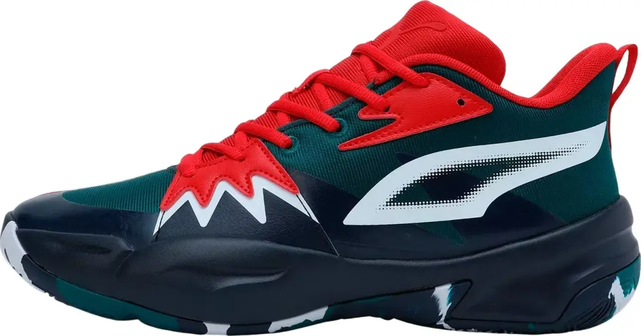But sportowy Puma w kolorach granatowym, zielonym i czerwonym z białym logo.
