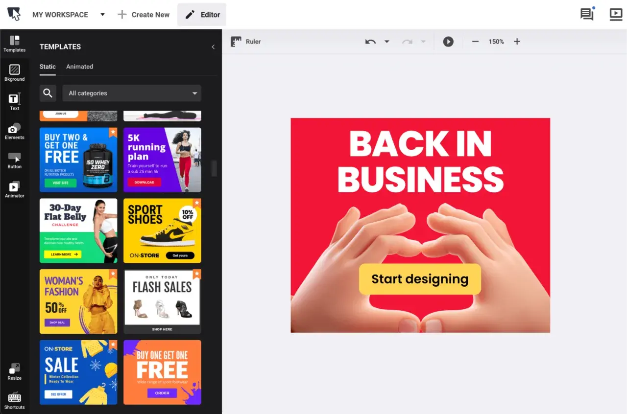 Tworzenie banera HTML z szablonami: "BACK IN BUSINESS" i "Start designing".