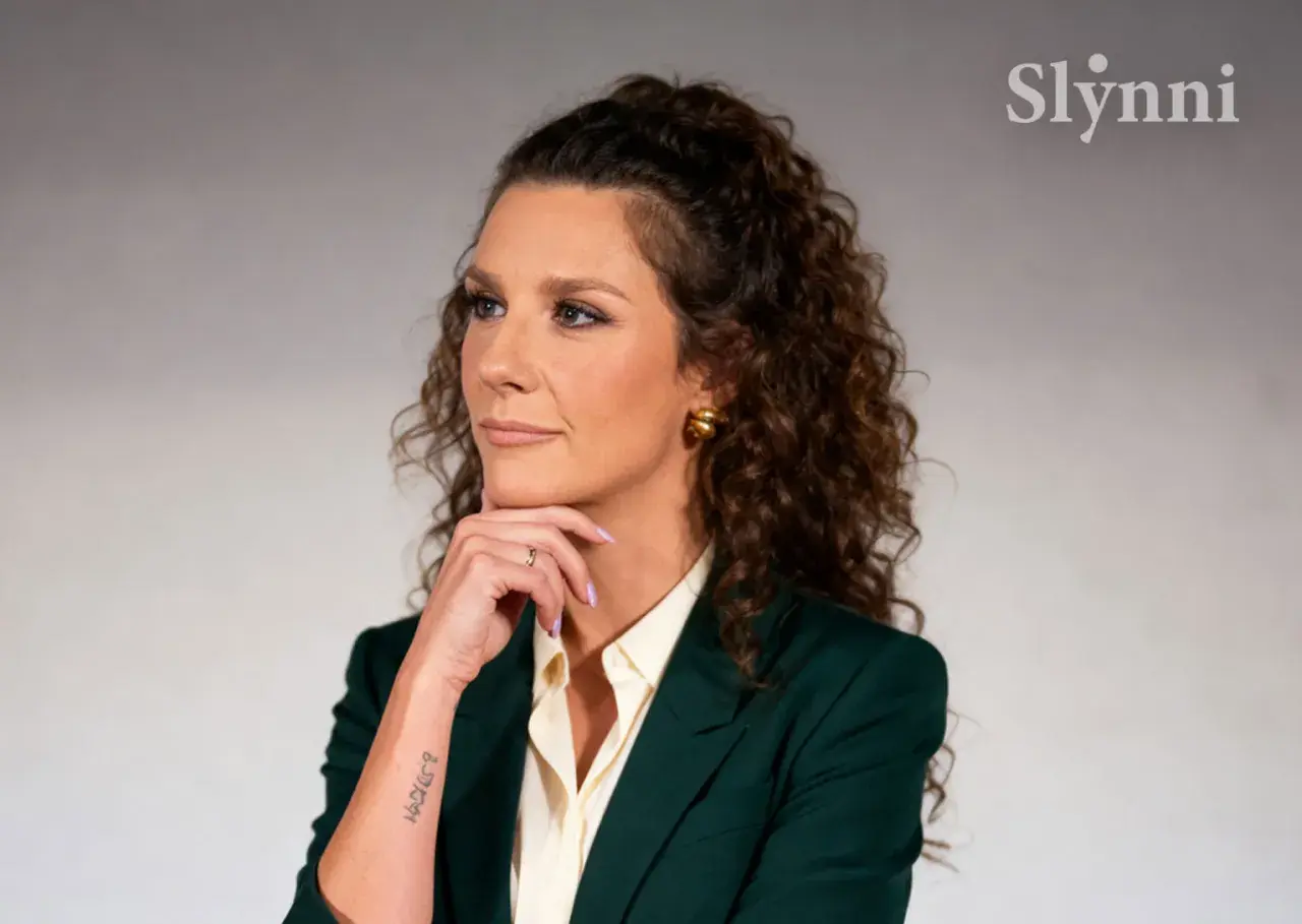 Wiolka Walaszczyk, w wieku około 40 lat, w eleganckim zielonym żakiecie, zamyślona.