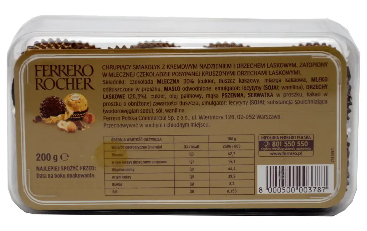 Opakowanie Ferrero Rocher z informacją o wartościach odżywczych. 100g zawiera 2506/603 kcal.