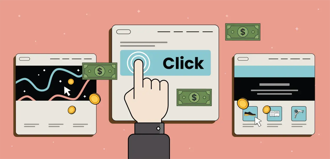 Kliknięcie przycisku "Click" na ekranie symbolizuje, co to jest PPC – płatność za kliknięcie, generującą zyski.