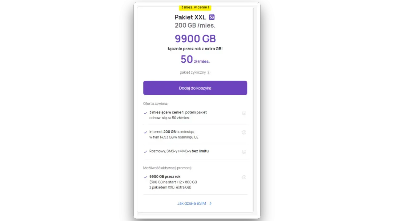 Pakiet XXL Play: 200 GB miesięcznie, 9900 GB przez rok. Promocja 3 miesiące w cenie 1, potem 50 zł/mies.