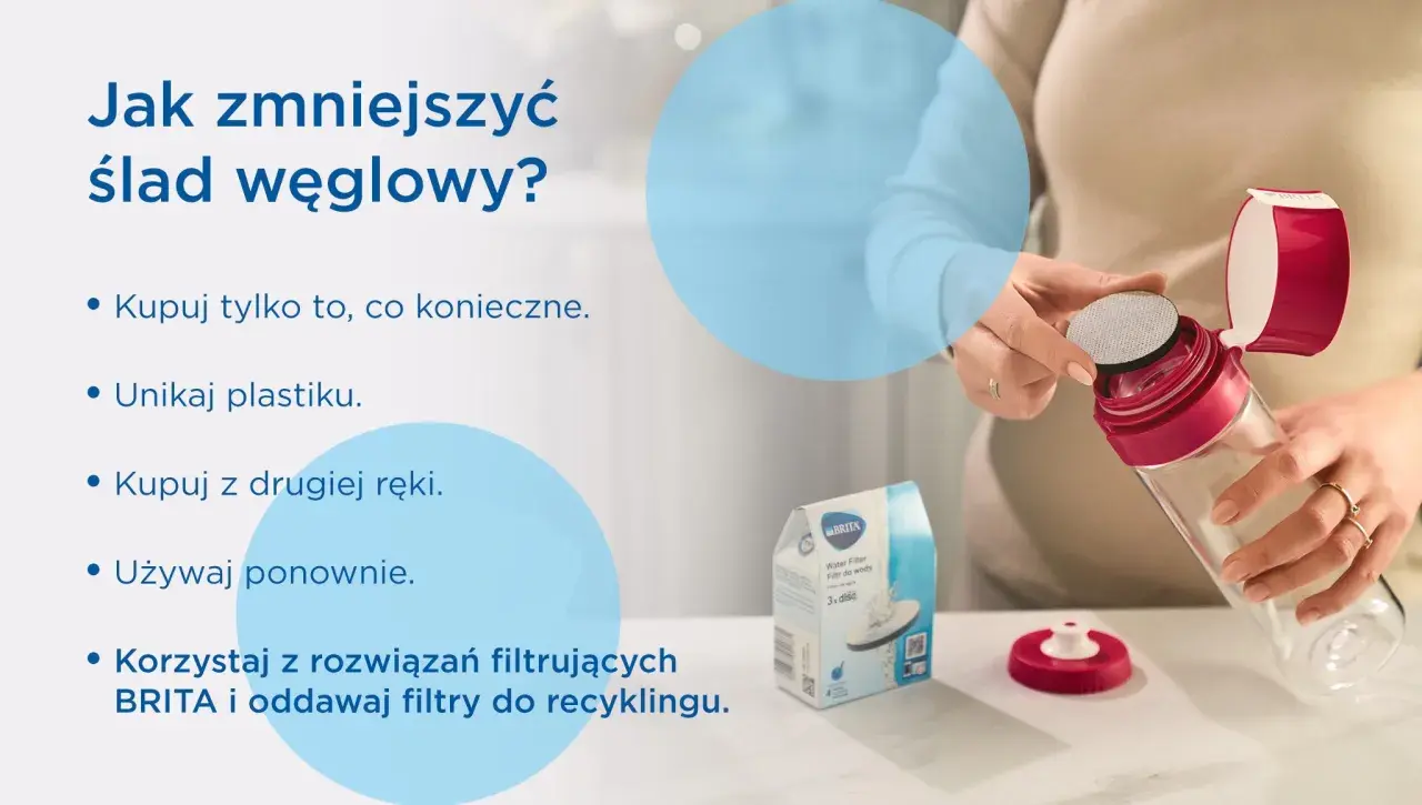 Jak zmniejszyć ślad węglowy? Kupuj tylko to, co konieczne, unikaj plastiku, kupuj z drugiej ręki, używaj ponownie. Korzystaj z rozwiązań filtrujących BRITA i oddawaj filtry do recyklingu.