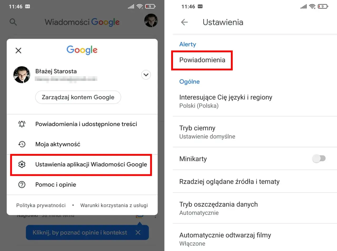 Ekran ustawień aplikacji Wiadomości Google. Aby wyłączyć wiadomości Google, wybierz "Powiadomienia".