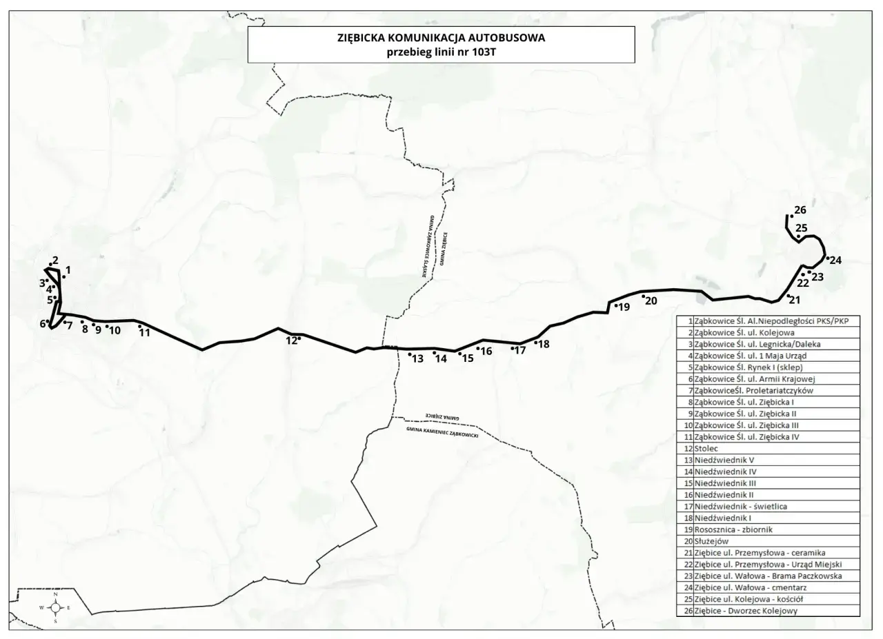 Mapa przebiegu linii autobusowej 103T Ziębice. Zobacz przystanki od Ząbkowic Śl. do Ziębic.