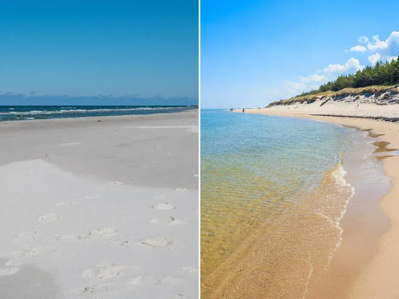 Plaża w Choczewie: piaszczyste wybrzeże Bałtyku z turkusową wodą i sosnowym lasem na wydmach.