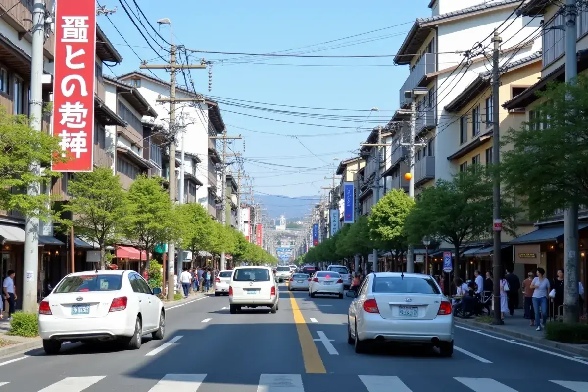 Jaki ruch jest w Japonii? Ulica w Kioto z samochodami, pieszymi i tradycyjną architekturą.