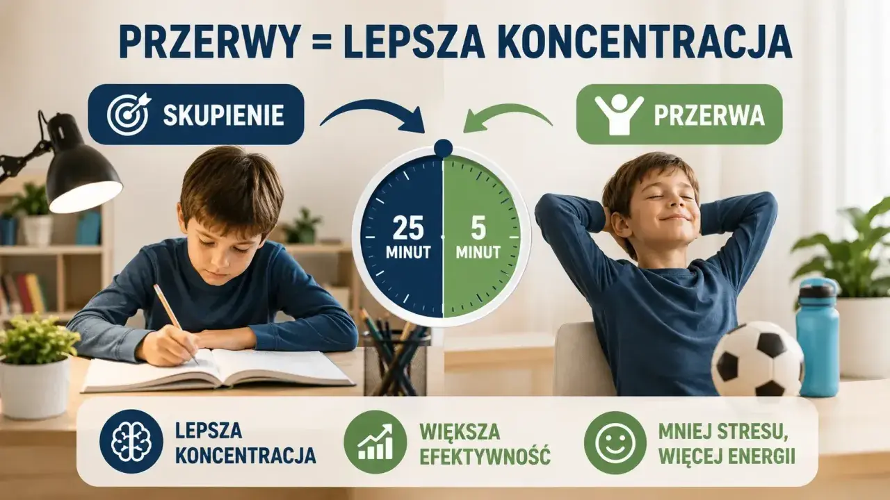 Chłopiec uczy się, a potem odpoczywa. Przerwy mobilizują do nauki, zwiększają koncentrację i efektywność.