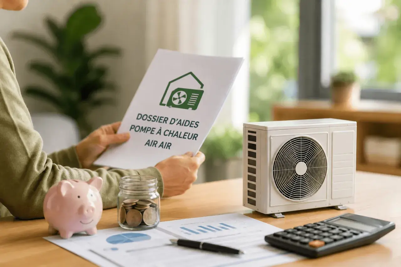 Une personne examine un dossier d'aide pour pompe à chaleur air air, à côté d'un modèle de climatiseur, d'une tirelire et d'une calculatrice.