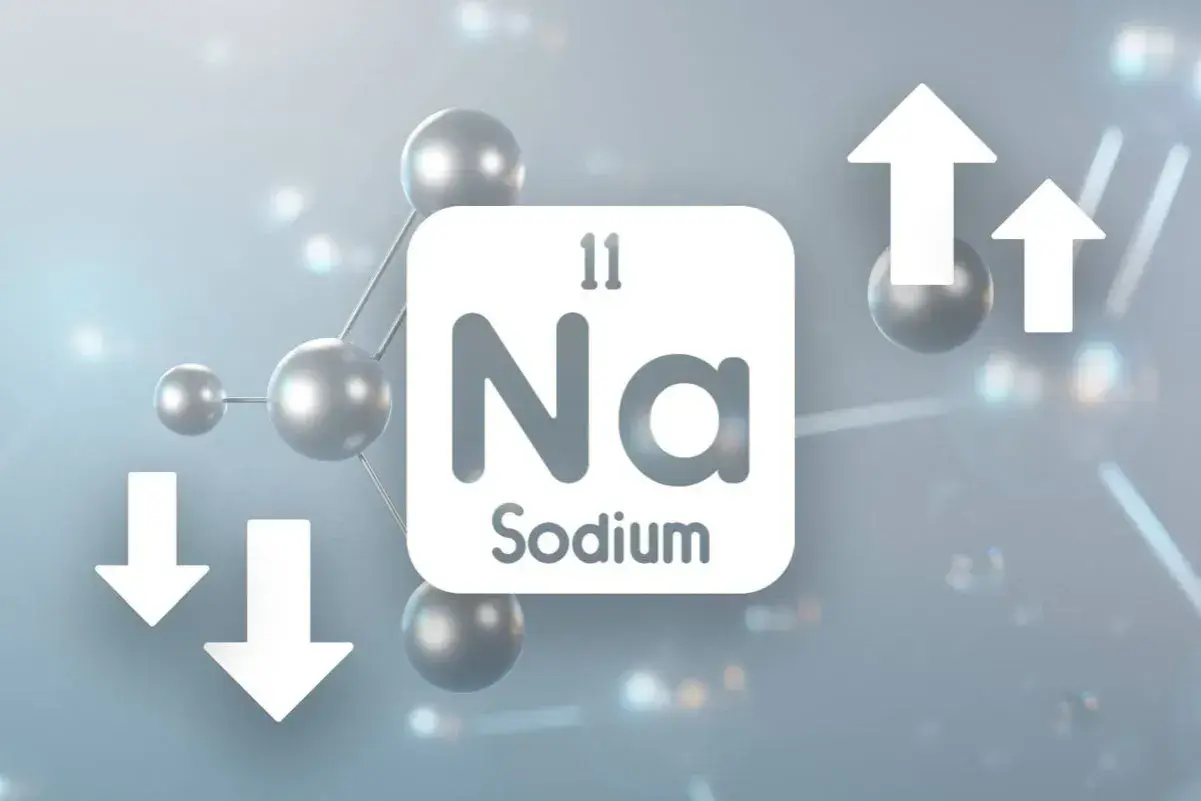 Symbol Na z atomami i strzałkami w górę i w dół, ilustrujący zmiany poziomu sodu, mogące prowadzić do hiponatremii.