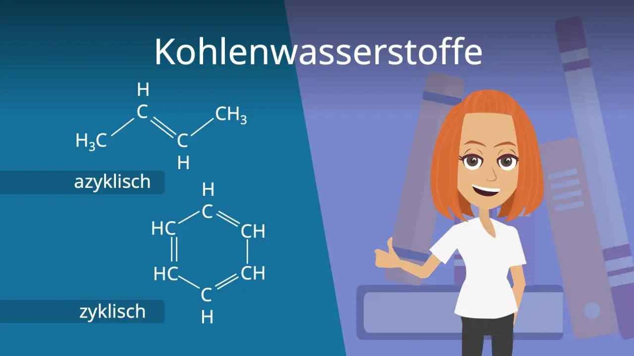 Chemische Strukturen von Kohlenwasserstoffen: eine azyklische und eine zyklische Verbindung. Eine lächelnde Frau mit roten Haaren gibt Daumen hoch.