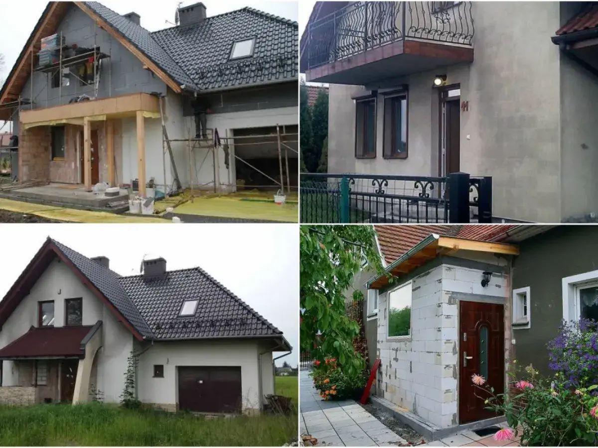 Budowa dobudowy wiatrołapu w domu jednorodzinnym. Widać rusztowania i prace budowlane.