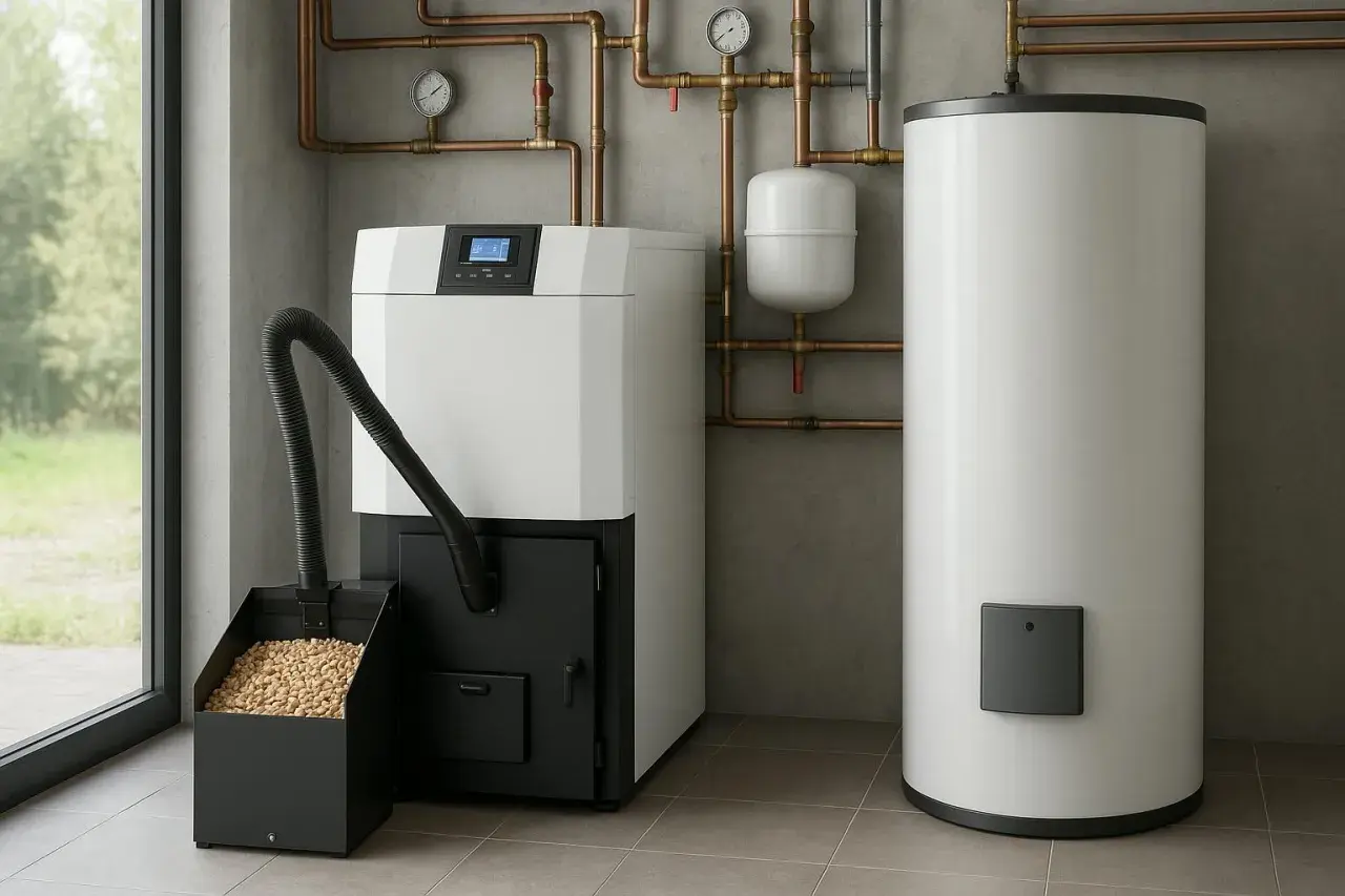 Chaudière à granulés avis : un système de chauffage moderne avec réservoir de granulés, chaudière blanche et chauffe-eau.