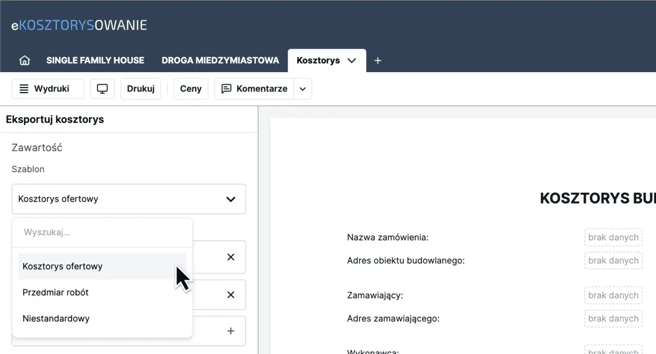 Wybieranie szablonu "Kosztorys ofertowy" do eksportu kosztorysu inwestorskiego.