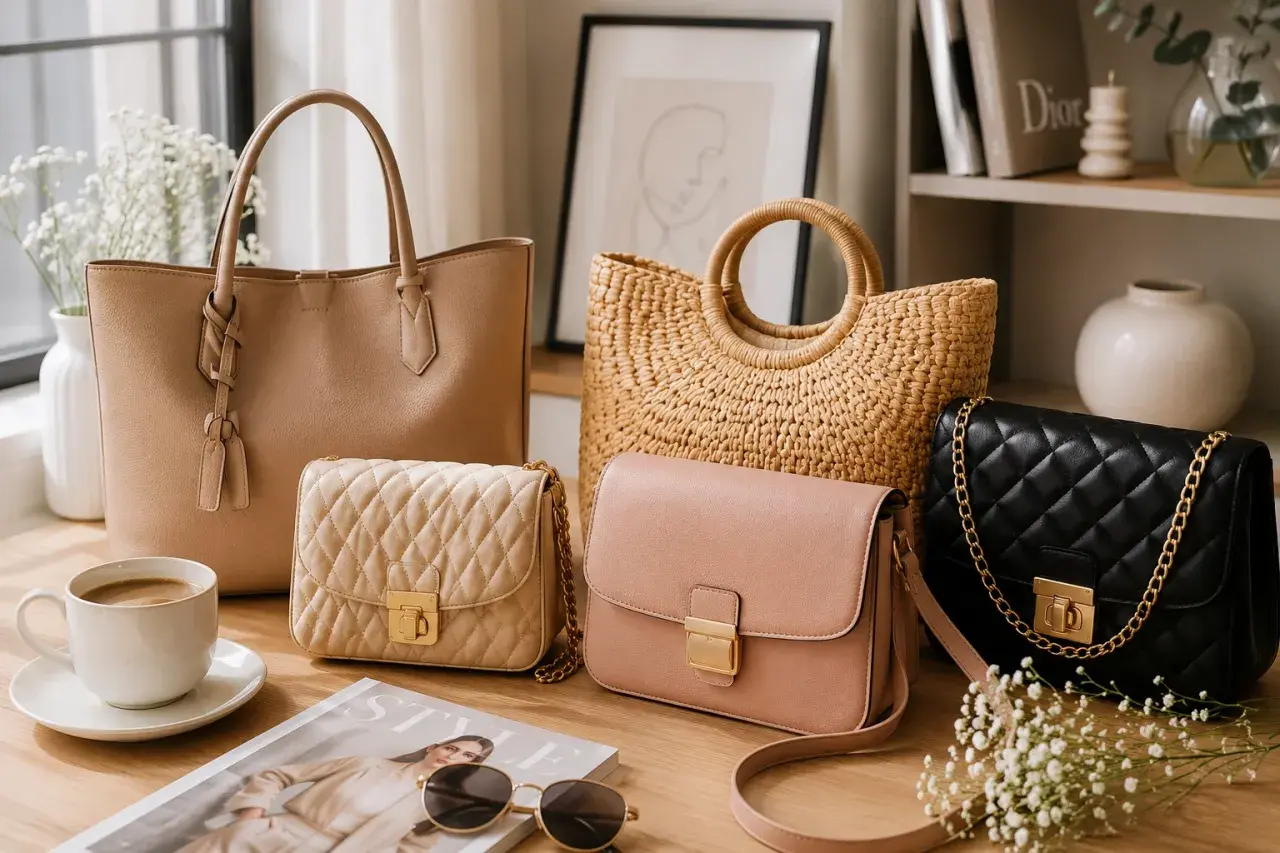Kolekcja torebek: beżowy shopper, pikowana beżowa kopertówka, pudrowy różowy listonoszka i czarna pikowana torebka na łańcuszku. Znane marki torebek w eleganckiej aranżacji.