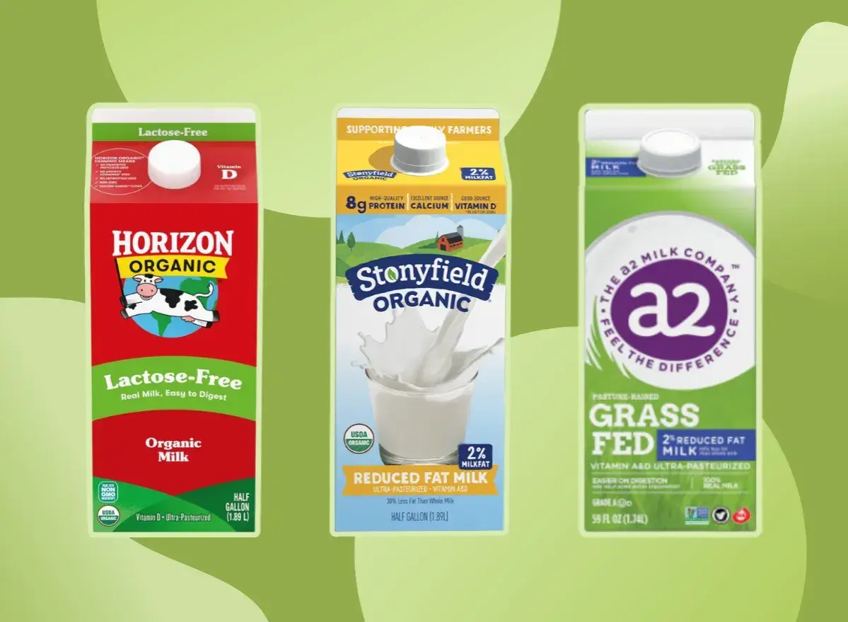 Trzy kartony mleka: Horizon Organic Lactose-Free, Stonyfield Organic Reduced Fat i A2 Milk Company Grass Fed. Które mleko jest najzdrowsze?