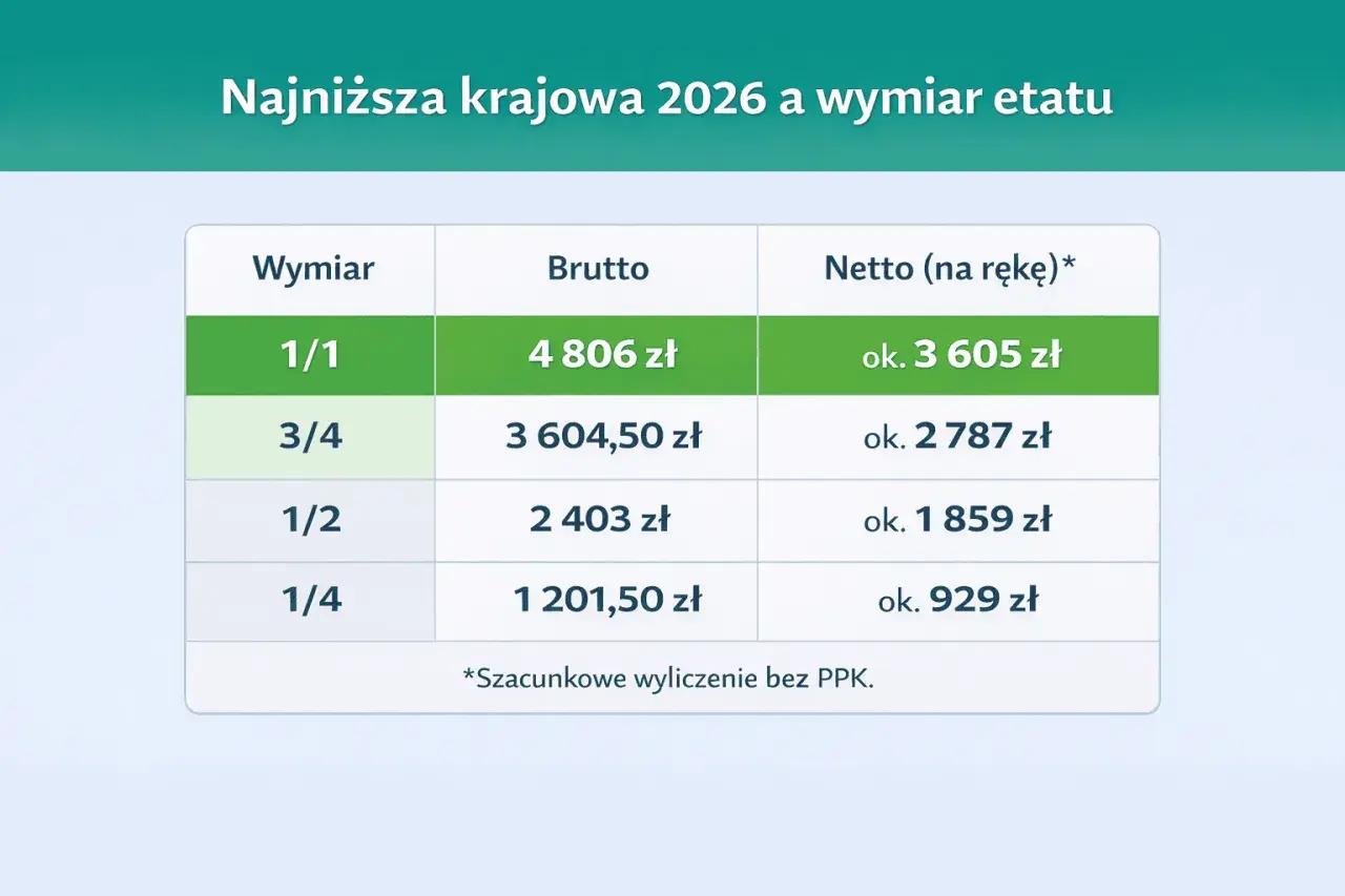 Tabela pokazuje najniższą krajową 2026. Wynagrodzenie za 3/4 etatu netto wynosi ok. 2 787 zł.