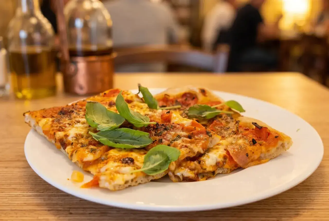 Pyszna pizza na talerzu, idealna odpowiedź na pytanie: gdzie zjeść w Rzymie. W tle butelki z oliwą i widok na restaurację.