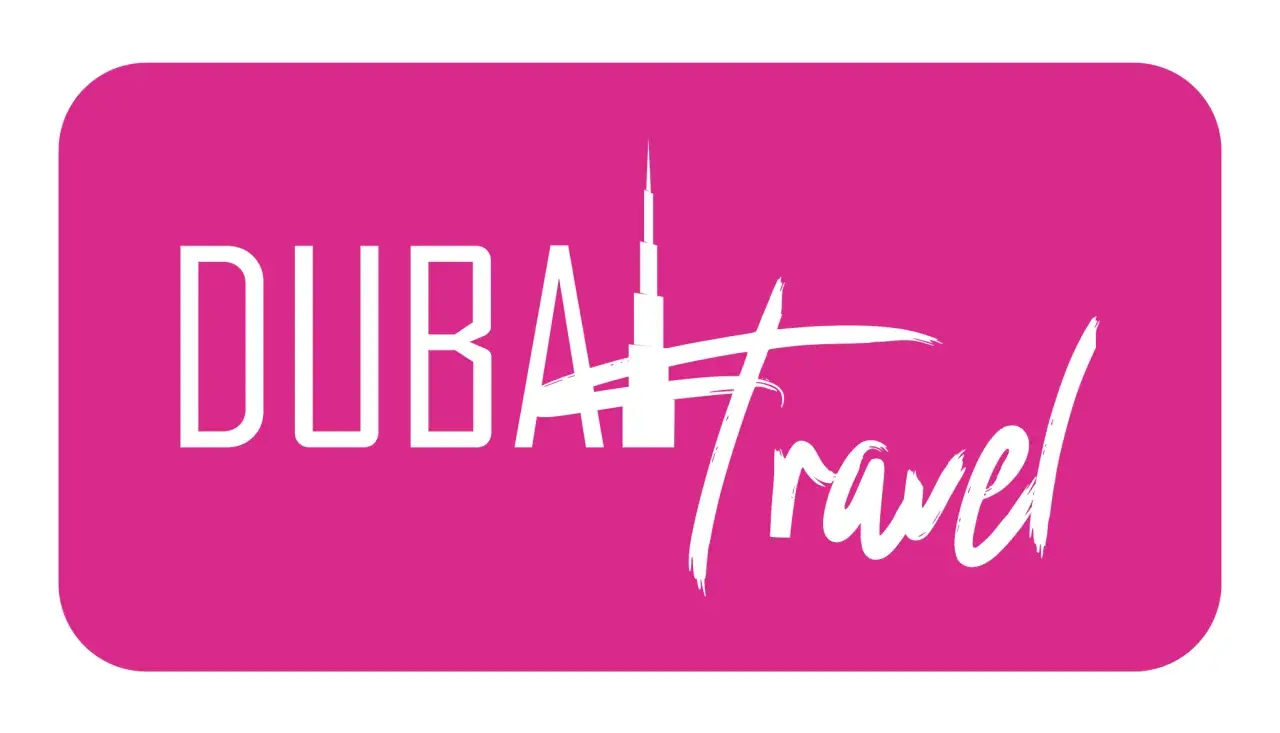 Logo z napisem "DUBAI Travel" i sylwetką Burdż Chalify. Planujesz podróż do Zjednoczonych Emiratów Arabskich? Wiza do Dubaju czeka!