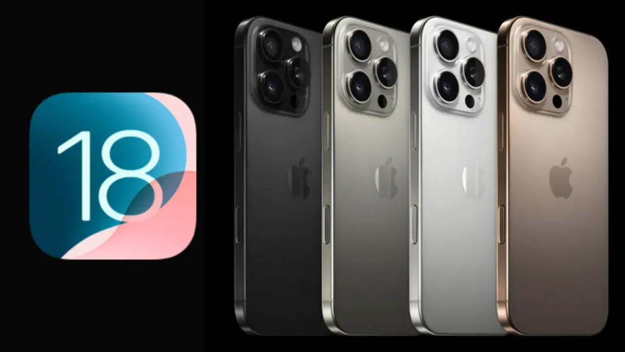 Ikona z cyfrą 18 i cztery iPhone'y w różnych kolorach: czarny, srebrny, biały i złoty. Nadchodzi iOS 18.
