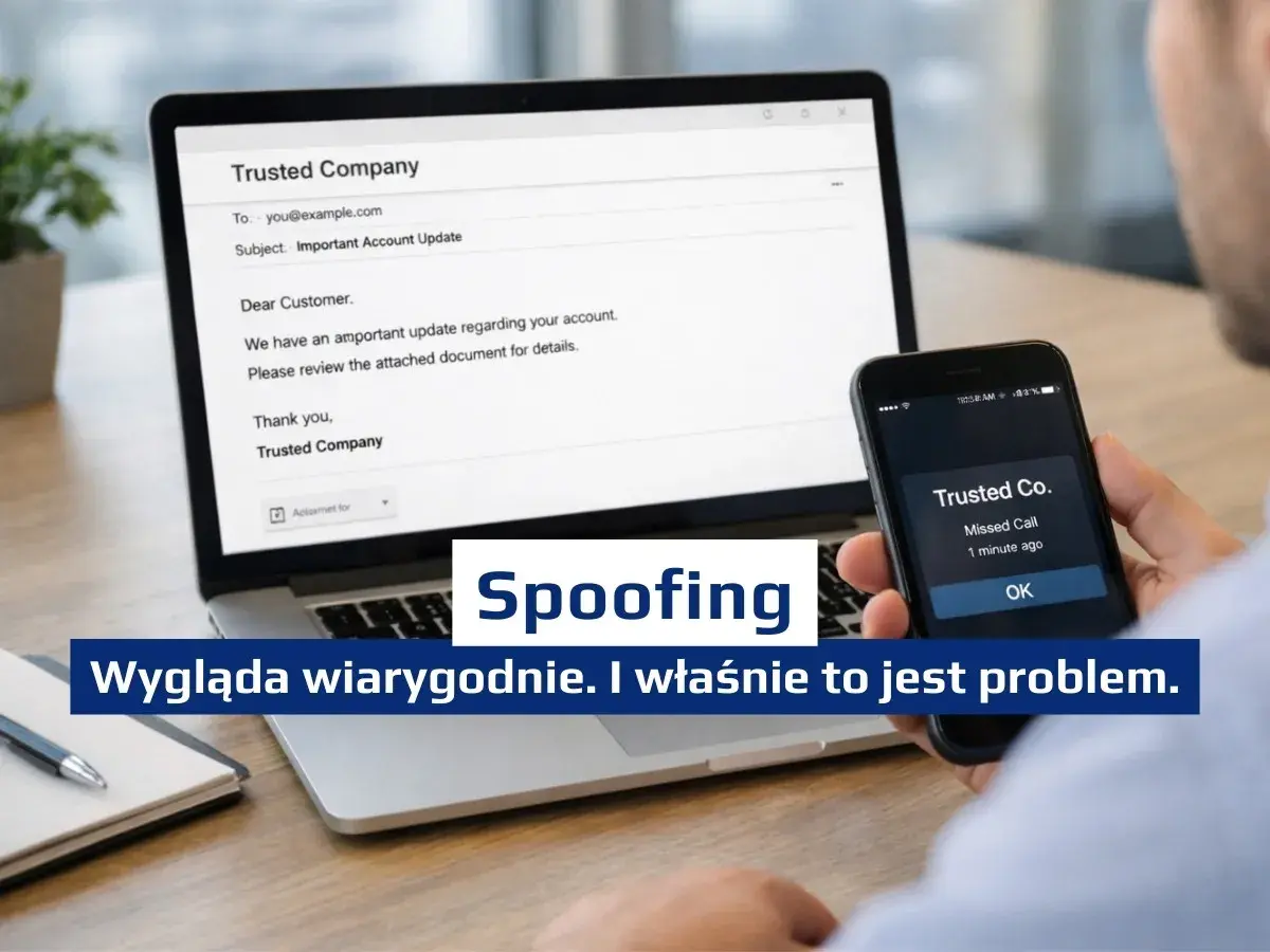 Oszustwo spoofingowe: fałszywy e-mail i połączenie od "Trusted Company" wyglądają wiarygodnie, co jest problemem.