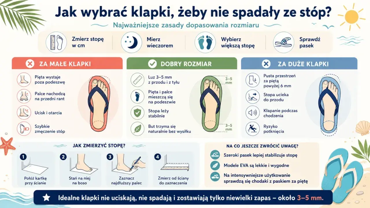 Jak dobrać rozmiar sandałów? Idealne klapki mają 3-5 mm luzu z przodu i z tyłu, nie uciskają i nie spadają.
