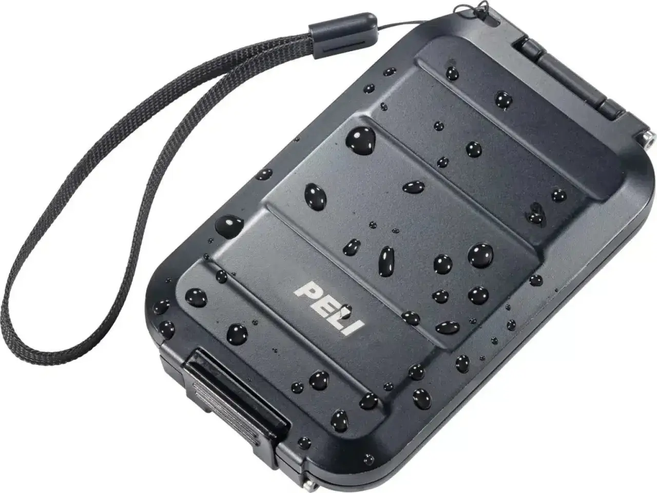 Svart, vattentålig rfid-skydd plånbok med snodd och vattendroppar.