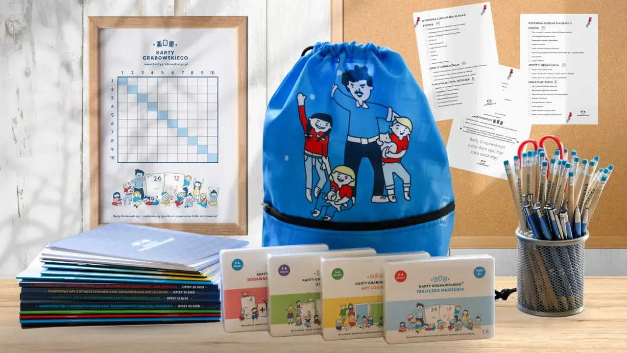 Wyprawka szkolna lista: gry edukacyjne, worek na buty, zeszyty i przybory plastyczne. Idealne do nauki tabliczki mnożenia.