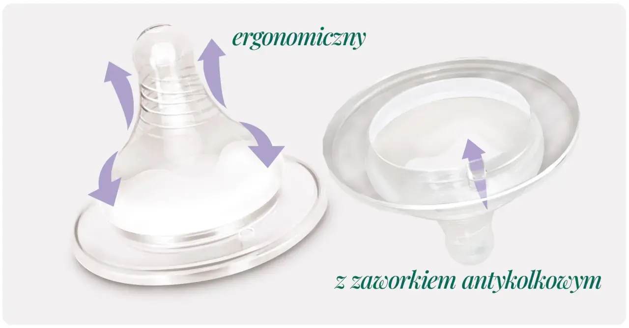 Ergonomiczny smoczek na butelkę z zaworkiem antykolkowym. Fioletowe strzałki pokazują ruch i przepływ powietrza.