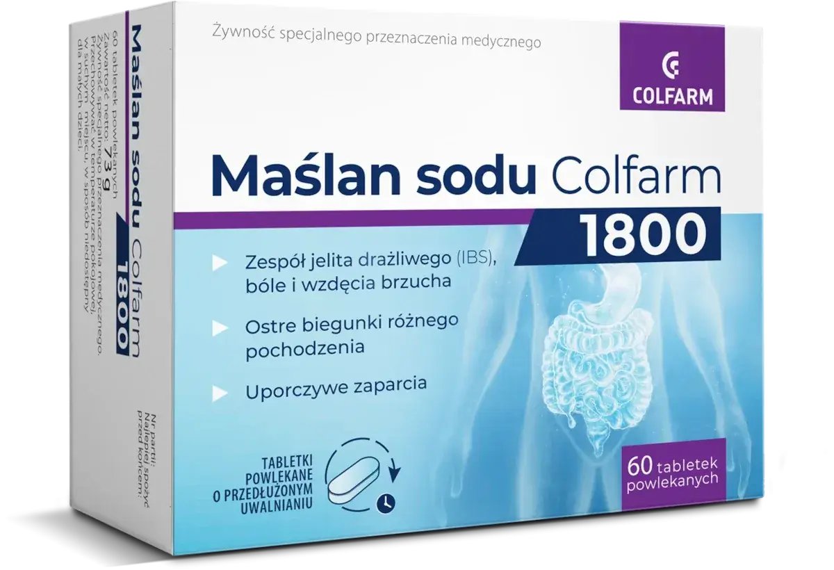 Maślan sodu Colfarm 1800 – wybór dla jelit. Pomaga przy IBS, biegunkach i zaparciach. Tabletki o przedłużonym uwalnianiu.