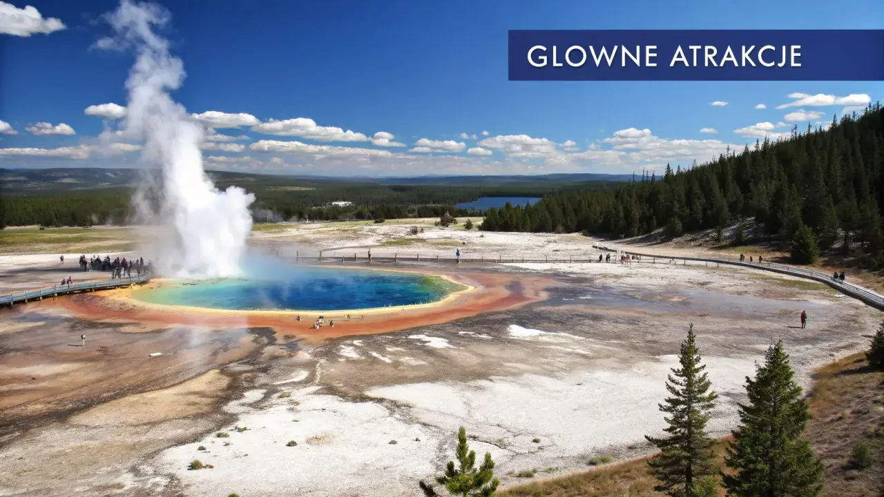 Wielobarwny gorący źródło z wyrzucającą parę wodą w **parku narodowym Yellowstone**. Turyści spacerują po drewnianych kładkach, podziwiając cuda natury.