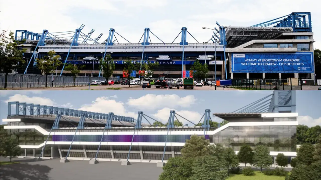 Stary stadion Wisły Kraków, obecnie nowoczesny obiekt sportowy. Górne zdjęcie pokazuje obecny wygląd, dolne wizualizację.