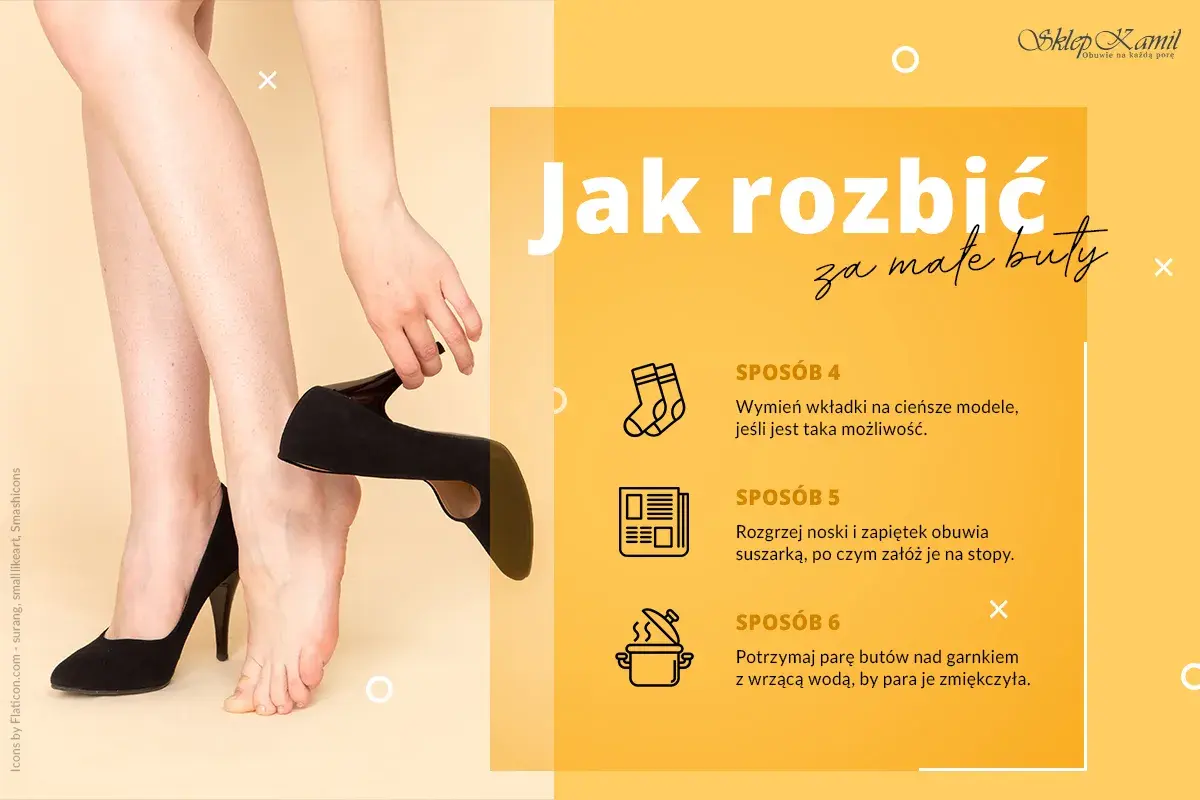 Kobieta przymierza czarne, zamszowe szpilki, pokazując, jak rozciągnąć buty, by były wygodniejsze.