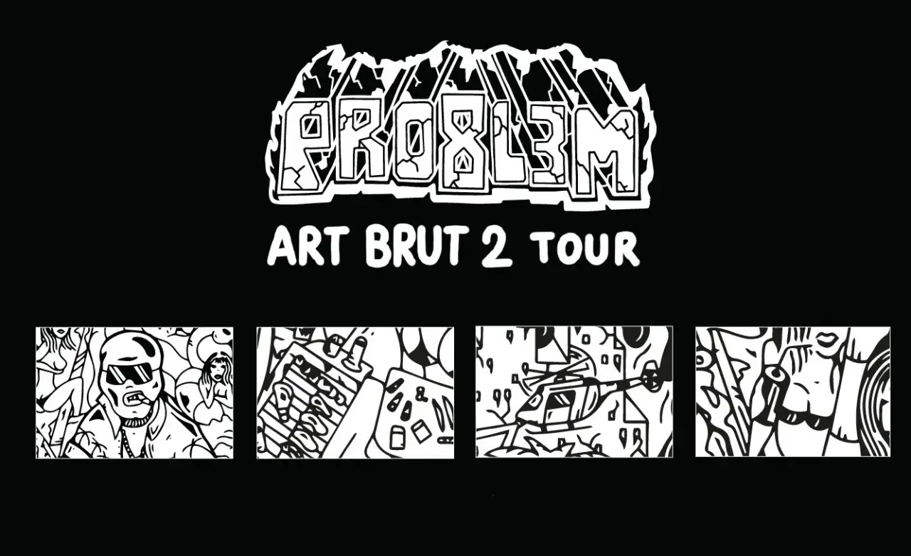Problem Art Brut 2 Tour. Cztery czarno-białe grafiki w stylu art brut: mężczyzna w okularach i cygarem, grill, helikopter i twarz.
