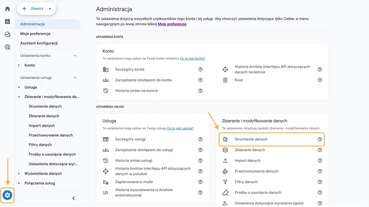 Panel administracyjny Google Analytics. Widoczny jest podział na ustawienia konta i usługi, a także opcje zbierania i modyfikowania danych, w tym strumienie danych.