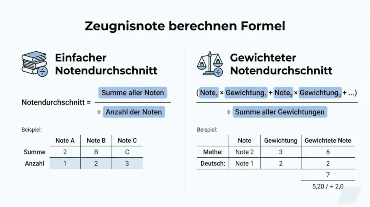 Formeln für einfachen und gewichteten Notendurchschnitt. Der Mittelwert wird durch Summe aller Noten geteilt durch Anzahl der Noten berechnet.