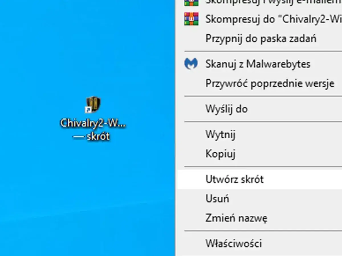 Menu kontekstowe z opcją "Utwórz skrót" na pulpicie, pokazujące jak zmienić pulpit.