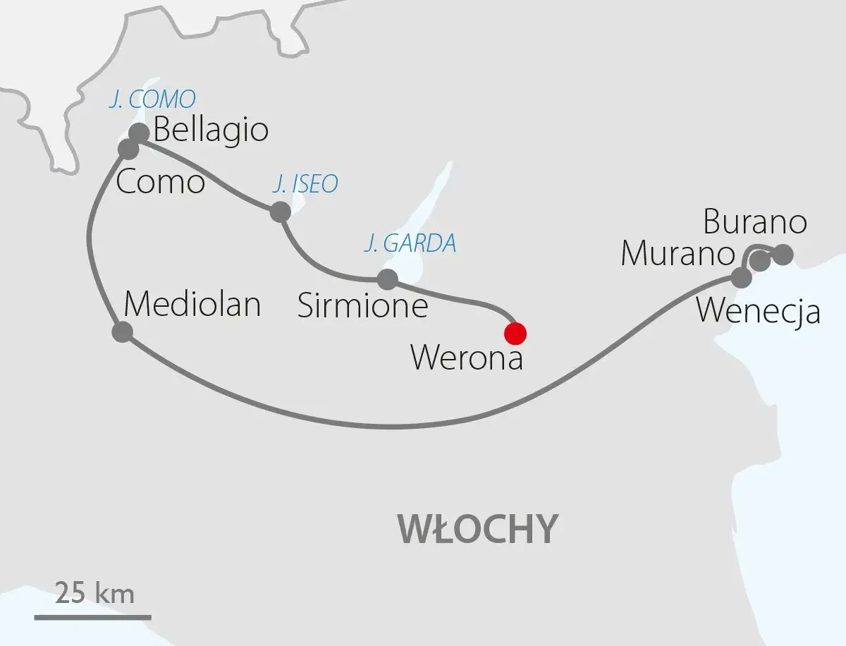 Trasa z Mediolanu przez jezioro Garda do Werony, a dalej do Wenecji i jej wysp.