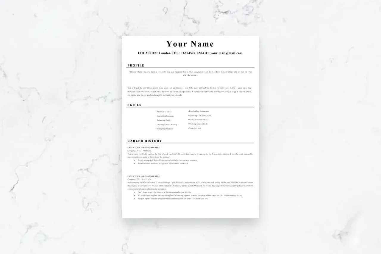 Proste CV wzór z sekcjami: Profil, Umiejętności i Historia zatrudnienia. Idealne do zaprezentowania Twoich kwalifikacji.