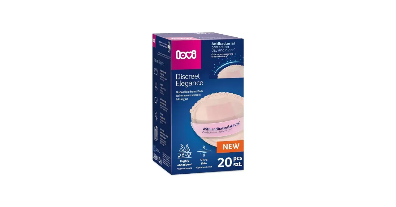 Opakowanie wkładek laktacyjnych Lovi Discreet Elegance, 20 sztuk, z antybakteryjnym wkładem, wysoce chłonne i cienkie.