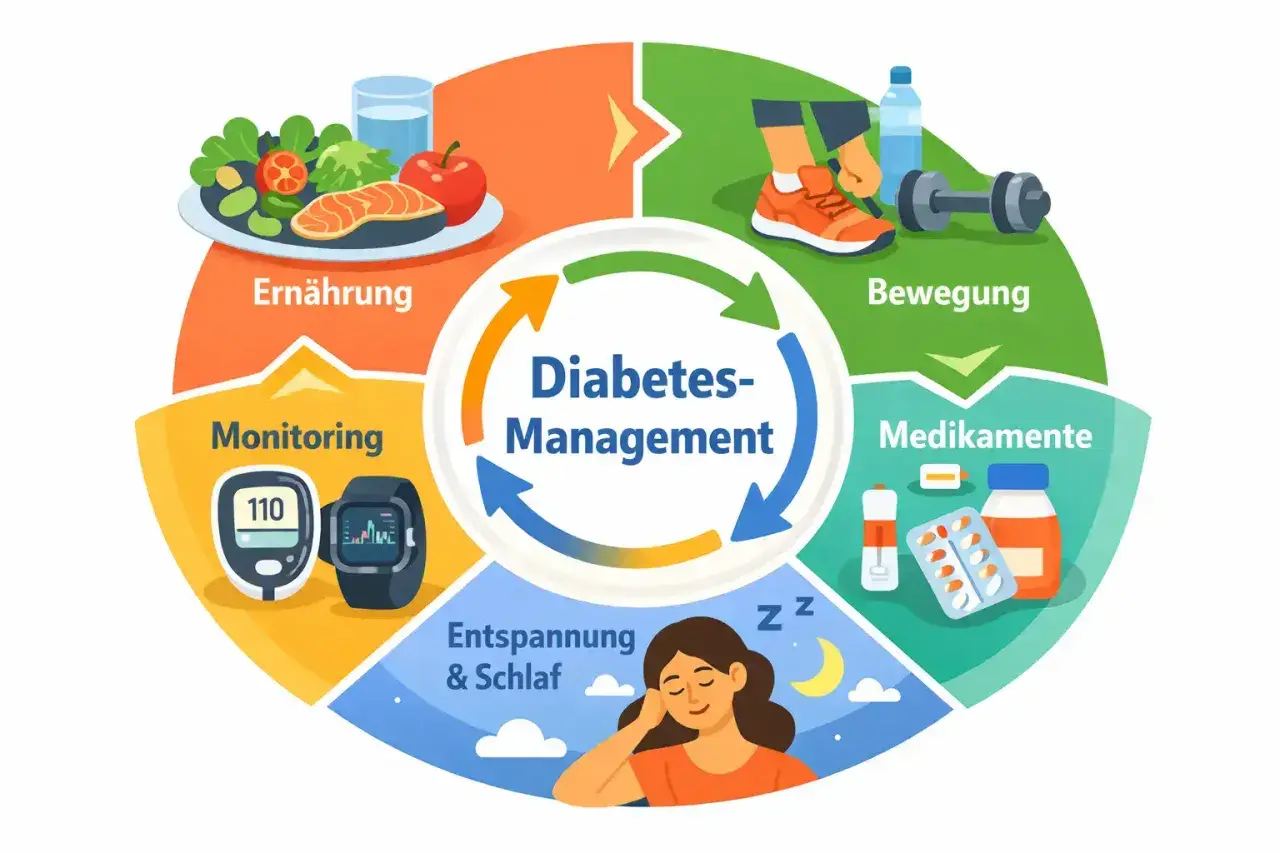 Kreislauf für Diabetes-Management: Ernährung, Bewegung, Medikamente, Entspannung & Schlaf, Monitoring.