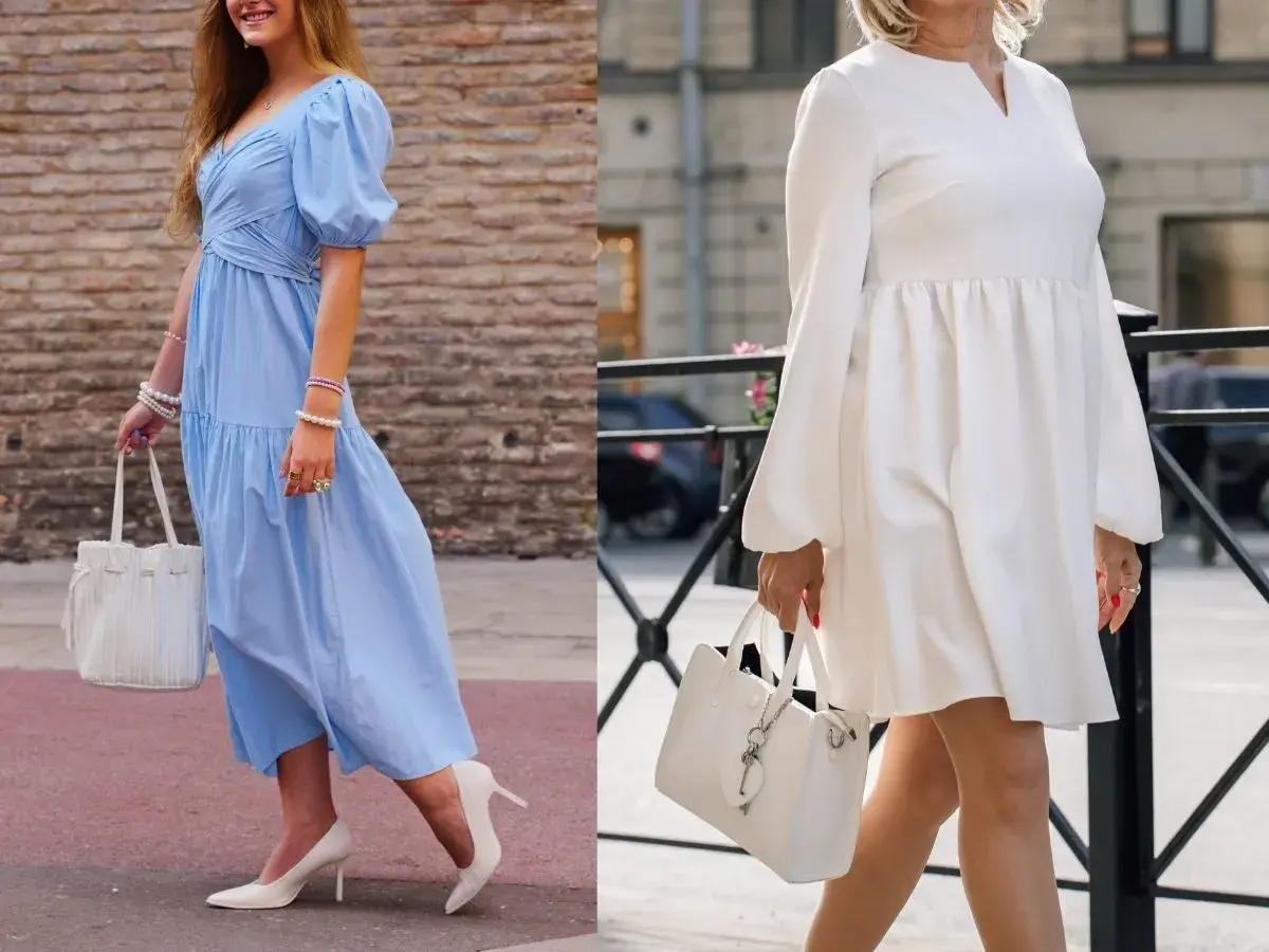 Eleganckie stylizacje na chrzciny: błękitna sukienka z bufkami i biała sukienka z długim rękawem.
