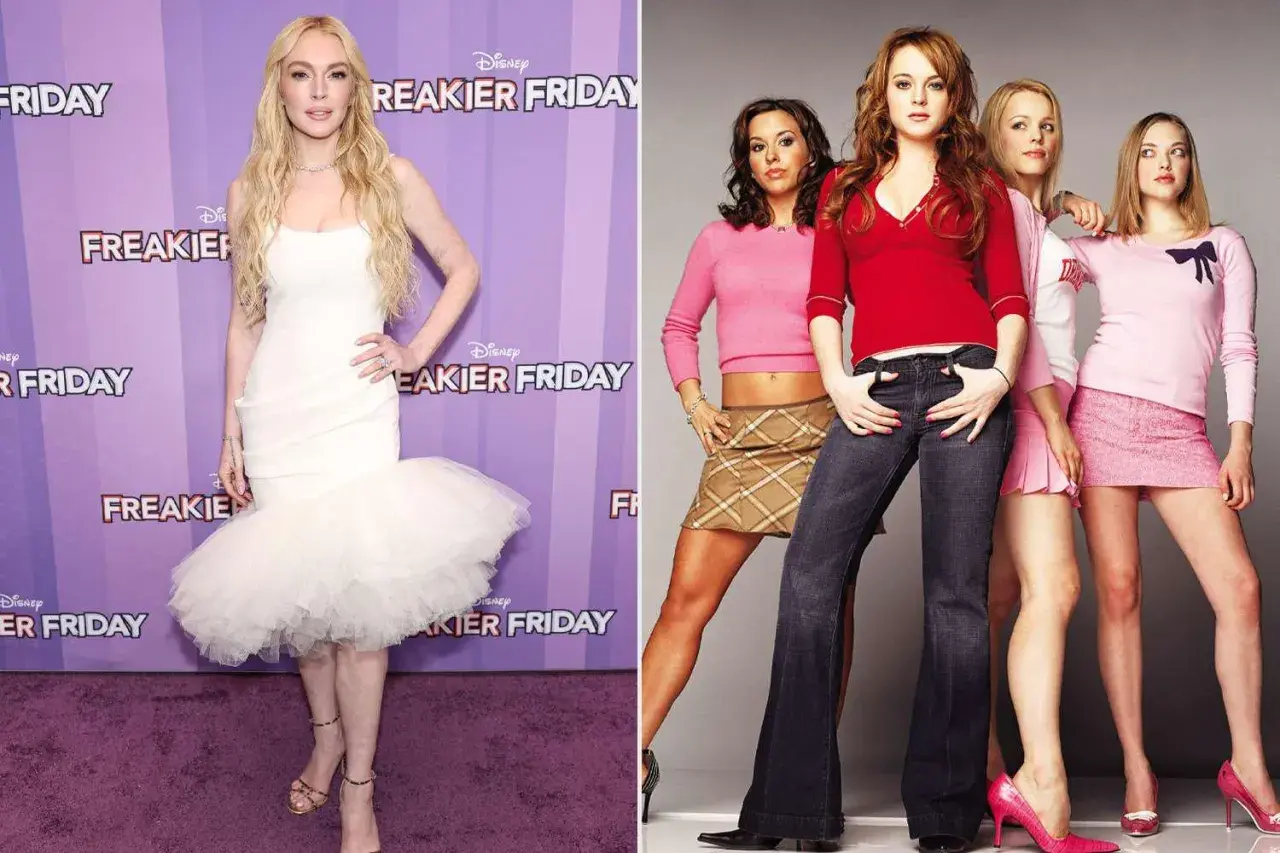 Lindsay Lohan w białej sukni i jako Regina George z "Wrednych dziewczyn".